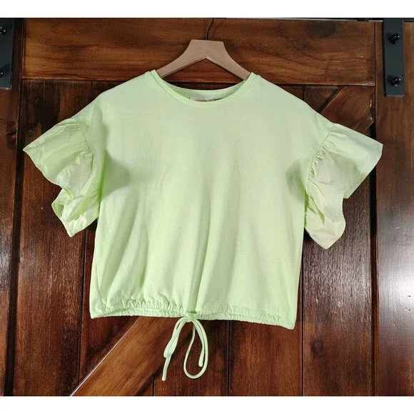 Maeve Anthropologie Womens Boho Flutter Sleeve Crop Top Size S Green Drawstring - Picture 3 of 9